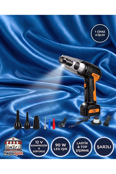 4'ü 1 Arada Şarjlı Araç Süpürgesi ve Lastik Şişirme Kompresörü 12V 90W LED Işıklı Kablosuz El Süpürgesi