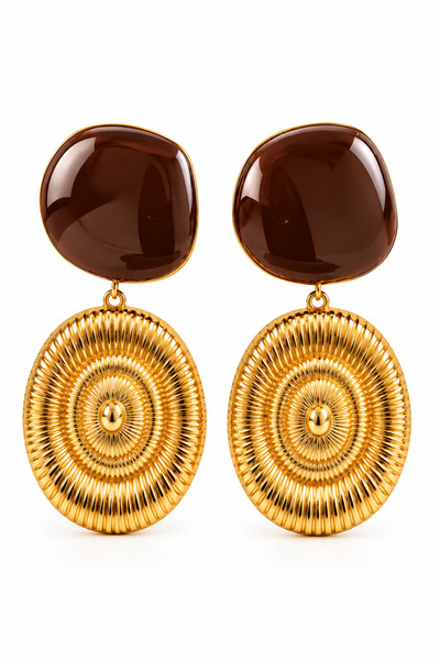 SOLÉORA COAST Kahverengi Reçine & Altın Renk Sarkıt Küpe Vintage Bohem