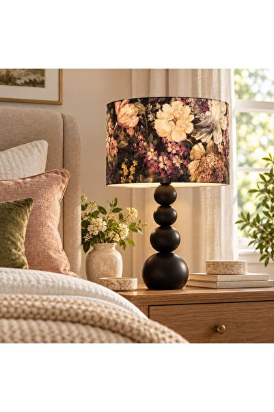 retro home design Siyah Ayaklı Silindir Mor Çiçek Kadife Kumaşlı Masa Lambası...