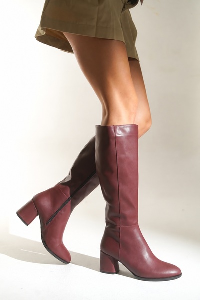 Capone Outfitters Oval Burunlu Yandan Fermuarlı Bordo Topuklu Kadın Çizme