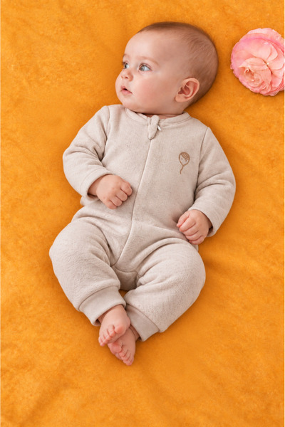 Rocha Baby Rocha Bebek Taş Rengi Dokulu Fermuarlı Tulum - Pamuklu Nakışlı Beb...
