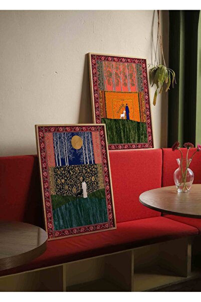 Buka Shops Turuncu Halı ve Nar Bahçesi 2'li Tablo Seti Halı Kolaj Manzara – Ç...