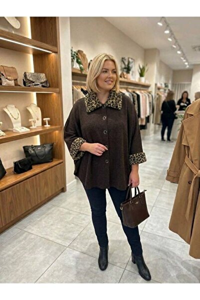 tülaybutik kadın büyük beden kışlık leopar kürk detaylı düğmeli panço