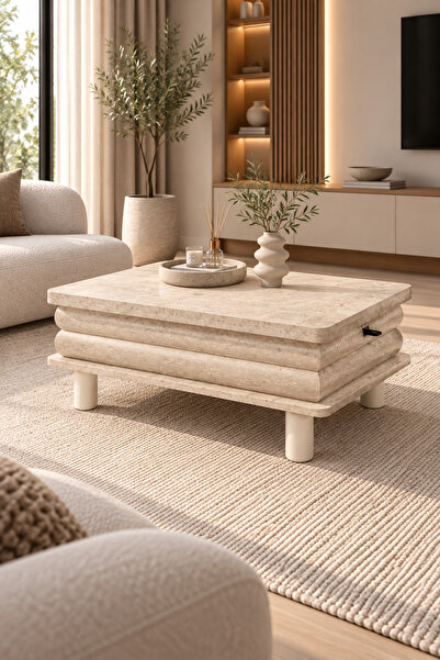 Lisso Home Eleganza Sihirli Orta Sehpa Açılır Mekanizmalı Full Traverten 90x6...