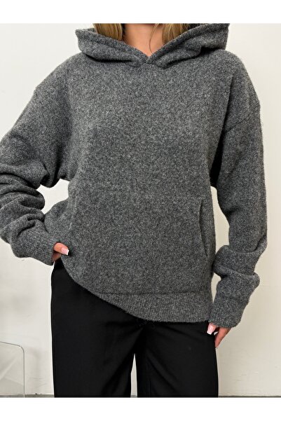 LEA Kadın Antrasit Yün İçerikli Oversize Kapüşonlu Triko Sweatshirt-Premium K...