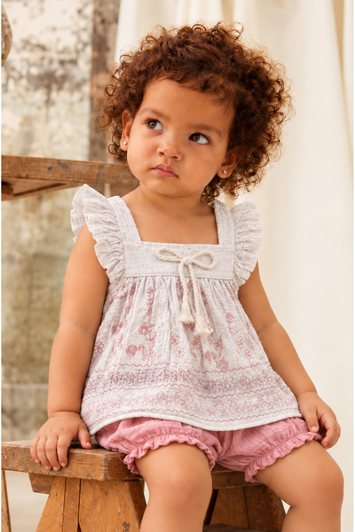 Rocha Baby Baby Girl Muslin Flounce Strap Botanical Patterned Blouse and Shor...