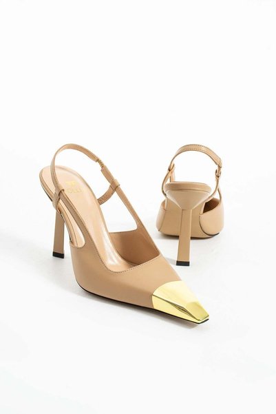 FOLLİNİ Women's Genuine Leather Classic Heeled Shoes Beige