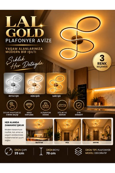 mubeda aydınlatma Lal Model Gold Plafonyer LED Avize - 3 Renk Aydınlatma Seçe...