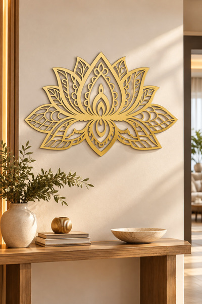 VENON 3D Lotus Çiçeği Duvar Süsü Mat Gold Modern Dekor 90x55 Metal Duvar Tabl...