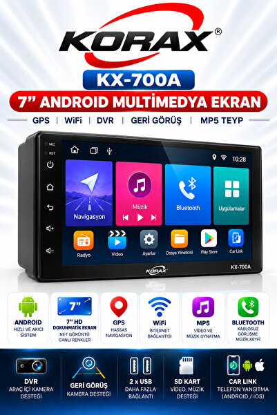 Korax KX-700A 7" Android Multimedya Ekran · Gps · Wifi · Dvr · Geri Görüş Des...