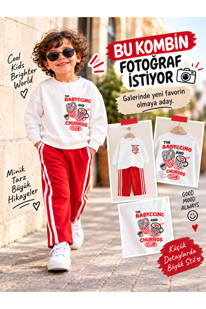 LUCCO Baskılı Erkek Çocuk 2'li Sweatshirt Şeritli Pantolon Takım – Beyaz/Kırmızı