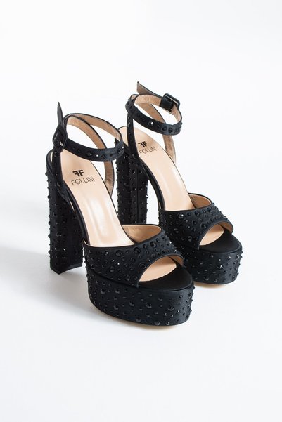 FOLLİNİ Women's Genuine Leather Platform Shoes with Stone Detail Black