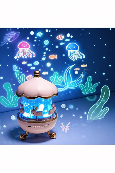 Coverzone Bunnys Carousel Projeksiyonlu Müzikli Gece Lambası USB Tavşanlı Çoc...