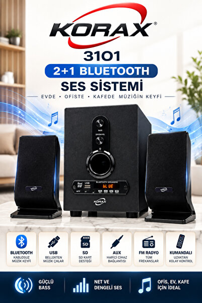 Korax 3101 2+1 Bluetooth Ses Sistemi - Ofis, Ev, Kafe Için Subwoofer Hoparlör...
