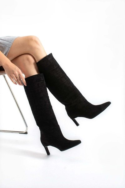FOLLİNİ Women's Genuine Leather Boots Black Suede