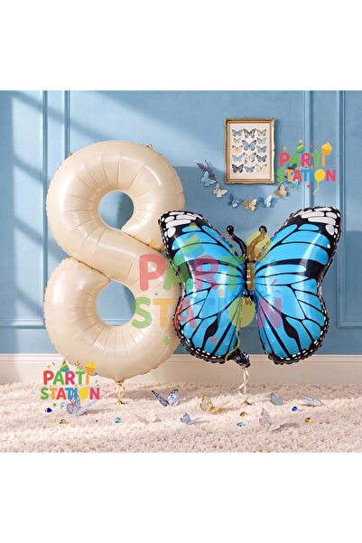 Parti Station 8 Years Old Blue Butterfly Balloon Set - Cream Colored Butterfl...