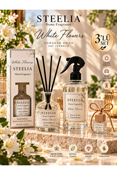 3’lü Premium Oda Kokusu Seti | White Flowers | 550 ML Oda Spreyi + 120 ML Bambu Oda Kokusu + 8 ML Araç Kokusu