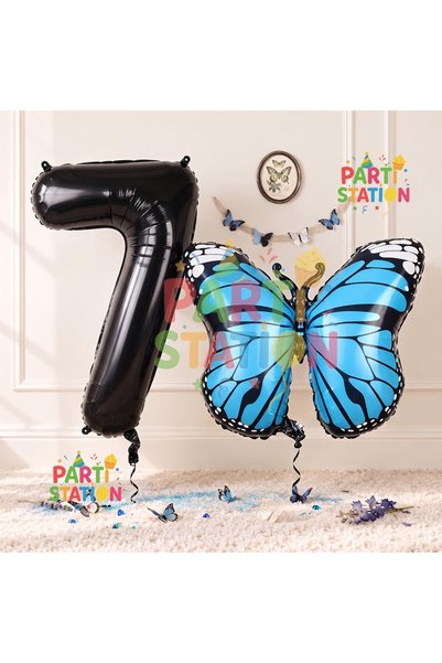 Parti Station مجموعة بالونات الفراشة الزرقاء لعمر 7 سنوات - مفهوم وأرقام سوداء