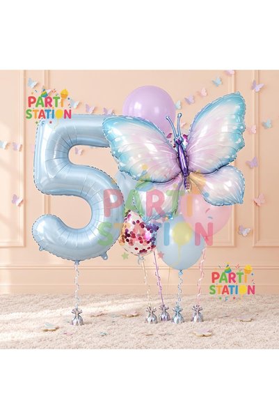 Parti Station Pink Blue Butterfly 5 Years Old Balloon Set Butterfly Concept B...