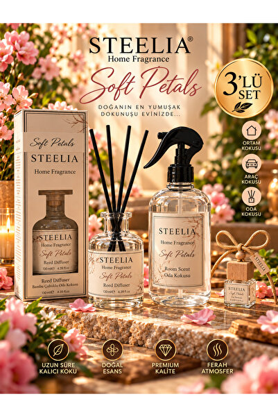 3’lü Premium Oda Kokusu Seti | Soft Petals | 550 ML Oda Spreyi + 120 ML Bambu Oda Kokusu + 8 ML Araç Kokusu