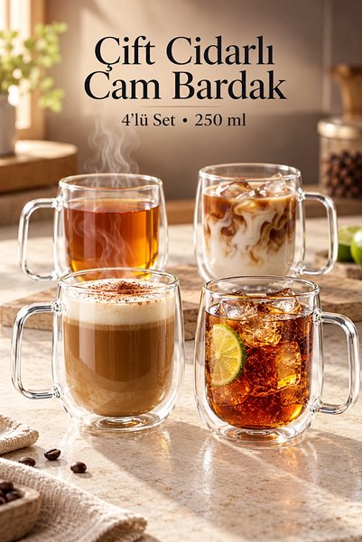 Tilbe Home 4'lü Çift Cidarlı Bardak 250 ml Ev Ofis Çay Fincanı Kahve Sunum Ba...