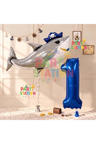 Parti Station Pirate Shark and 1 Year Old Balloon Set Pirate Shark Concept Bi...