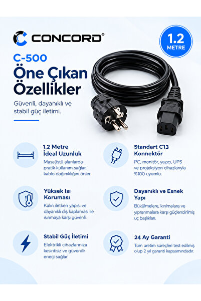 Concord C-500 1.2m PC ve Monitör Power Güç Kablosu – Siyah Standart Kasa Kabl...