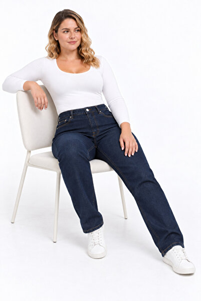 Şans Women's Large Size Navy Blue High Waist 5 Pocket Lycra Jeans 65N38388