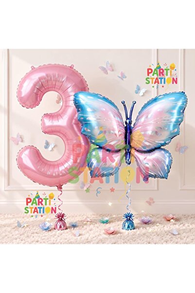 Parti Station Pink Blue Butterfly and Pink Number Balloon 3 Years Old Balloon...