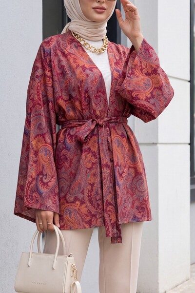 Modamorfo Etnik Desenli Bağcıklı Kimono -bordo