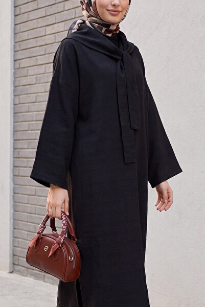 Modamorfo Deep Slit Linen Suit with Scarf Detail and Pockets - Black