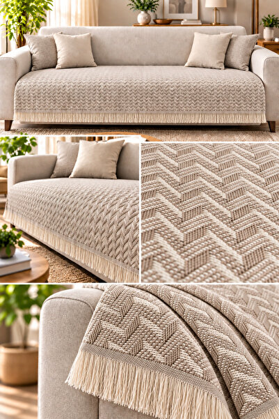 SEVMİŞ HOME %100 Pamuk Kaymaz Koltuk Örtüsü 90x200 cm Saçaklı Dokuma Koltuk Şalı