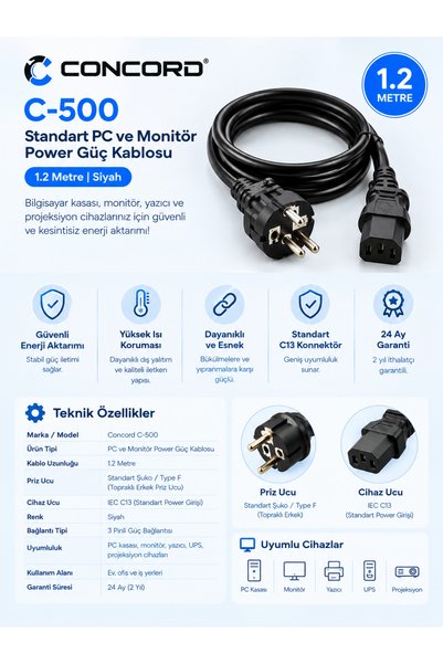 Concord C-500 1.2m PC ve Monitör Power Güç Kablosu – Siyah Standart Kasa Kablosu 2 Yıl Garantili
