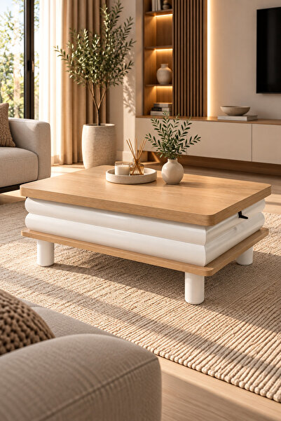 Lisso Home Eleganza Sihirli Orta Sehpa Açılır Mekanizmalı Dünya-Aytaşı 90x60,...