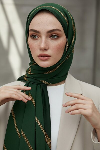 Vissona KREP ZİNCİR DESENLİ ZÜMRÜT YEŞİLİ RENKLİ 75X195 KIRIŞMAZ ŞAL