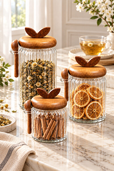 NEWNOW Acacia Lid 3-Piece Borosilicate Glass Jar Set Transparent Striped Stor...
