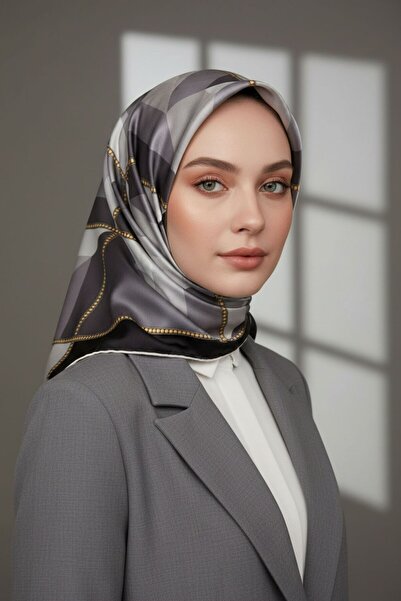 VİOLLA Twill Eşarp 90x90 Siyah Gri Geometrik Desenli İpek İçermez El Dikişli ...