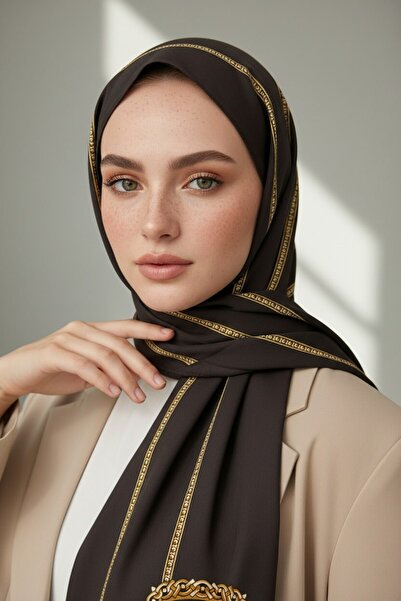 Vissona KREP ZİNCİR DESENLİ KAHVERENGİ RENKLİ 75X195 KIRIŞMAZ ŞAL