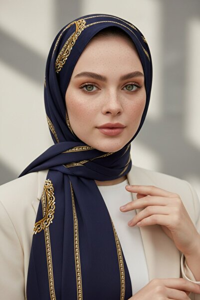 Vissona KREP ZİNCİR DESENLİ LACİVERT RENKLİ 75X195 KIRIŞMAZ ŞAL