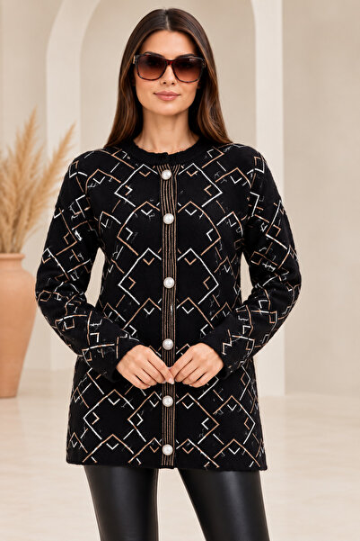 CNR TEKSTİL Women's Geometric Patterned Buttoned Long Knitwear Jacket