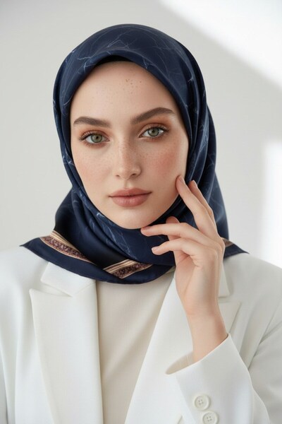 Vissona %100 Twill İpek Mermer Desenli Lacivert Renkli 90x90 Eşarp Dikim Şekl...