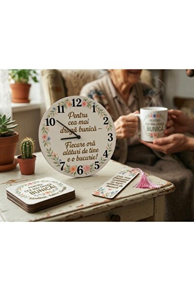 ALL PAPICKS Set Cadou Bunică 4 Piese – Ceas Perete 20cm, Cană Ceramică, Suport Pahar și Semn de Carte, Model Floral Pastel
