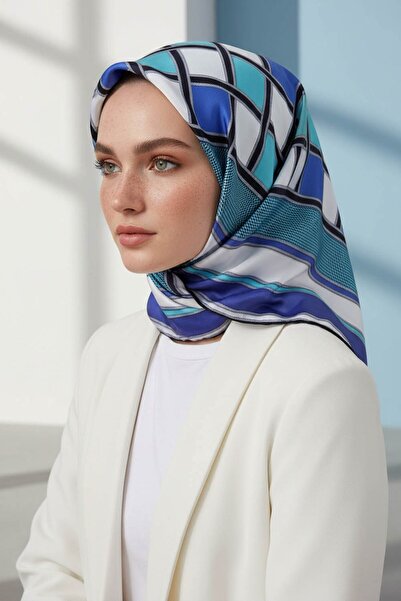 VİOLLA Twill Kare Desenli Saks - Su Yeşili Renkli 90x90 Dikim Şekli : El Diki...