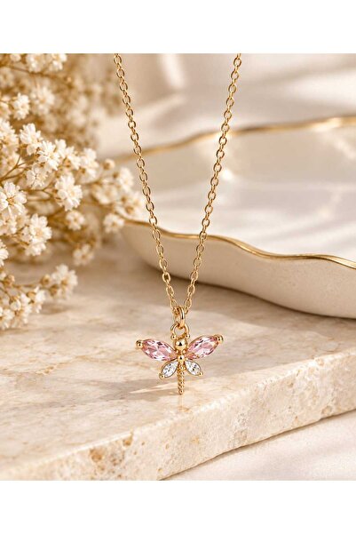 BNG AKSESUAR Steel Chain Pink Zircon Stone Dragonfly Gold Necklace Luck and P...