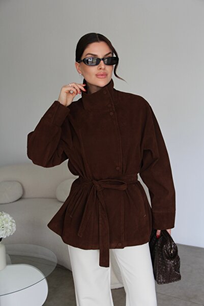 Julidress Dik Yaka Zr Model Kuşaklı Premium Kahve Süet Ceket