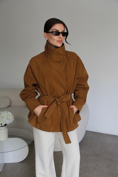 Julidress Dik Yaka Zr Model Kuşaklı Premium Taba Süet Ceket