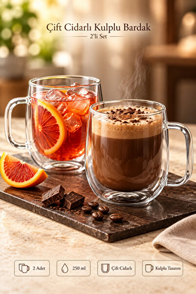 Tilbe Home 2li Çift Cidarlı Bardak 250 ml Ev Ofis Çay Fincanı Kahve Sunum Bar...