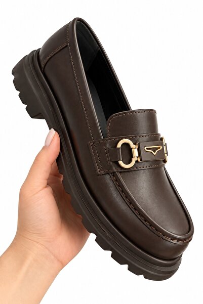 Zenora Shoes Kadın Tokalı Loafer Makosen Kahve Kalın Tabanlı Ayakkabı