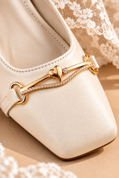 moon glow Women's Bridal Shoes Thick Heeled Stone Ankle Strap Heart Detailed ...