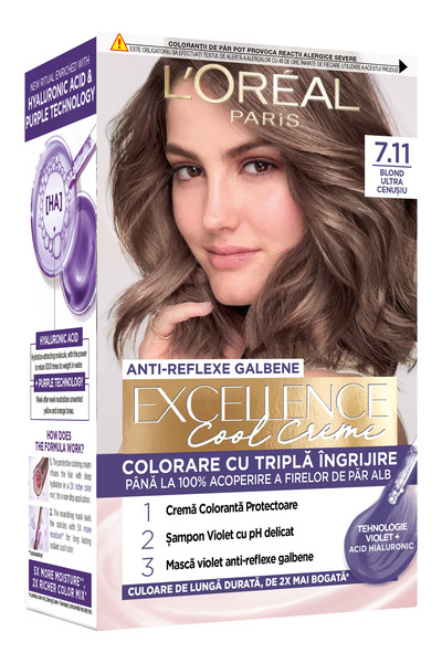 L'Oreal Paris Excellence Cool Creme 7.11 Blond Cenușiu Ultra, Vopsea de păr p...
